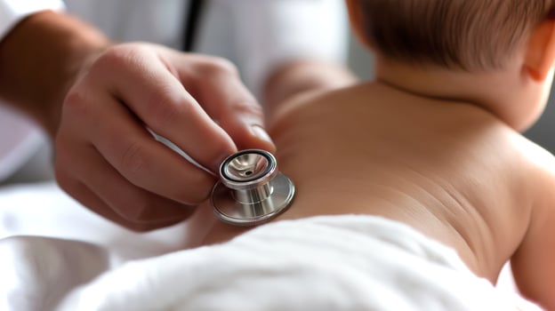 A doctor carefully checks a baby's back with a stethoscope, ensuring the child's health during a routine checkup in a well-lit medical office. photo
