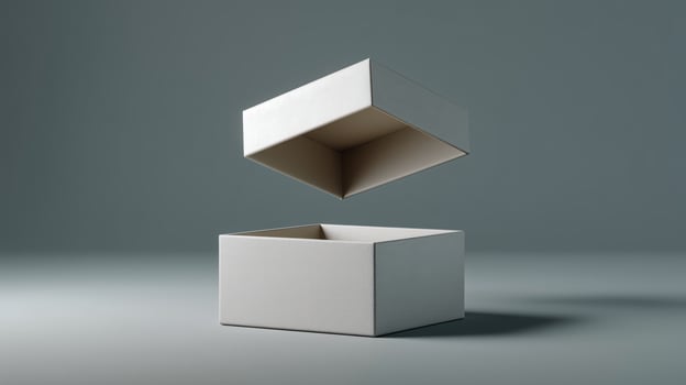 A gift box is shown partially open, hovering above another empty box in a simple, modern setting. The focus is on the contrast between the boxes and the muted background. photo