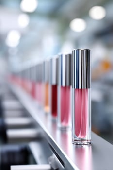 Vibrant lip gloss tubes moving along the production line in a modern facility photo