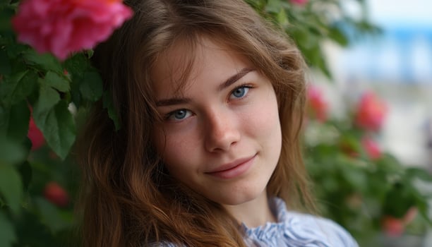 Portrait of a young woman among roses outdoor garden photography natural light close-up beauty concept photo