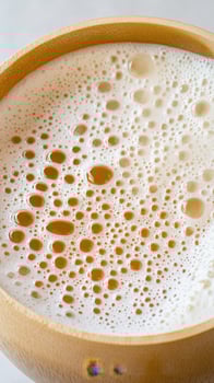 Close up of frothy light brown liquid with many bubbles in a round bamboo bowl. Foam detail and light color on light background photo