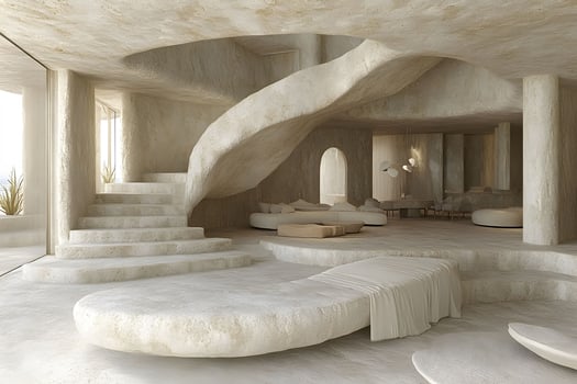 Elegant Modern Cave-Inspired Interior with Sculptural Spiral Staircase and Minimalist Design photo