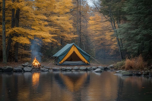 Autumn Camping Retreat by the Lake with Vibrant Foliage and a Cozy Campfire photo