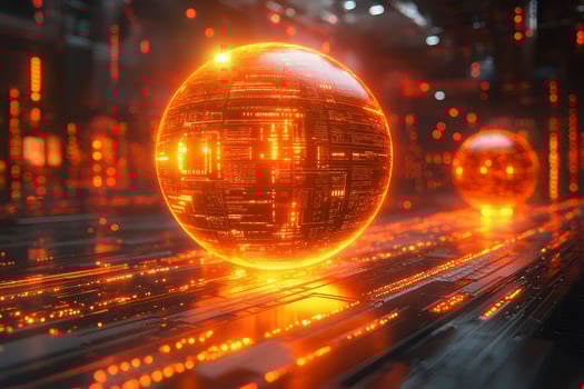 Futuristic Glowing Orange Cyber Sphere in High-Tech Digital Environment photo
