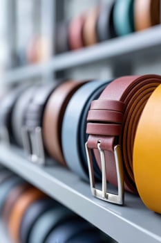 Colorful belts arranged neatly in a spacious garage for an organized display of accessories photo