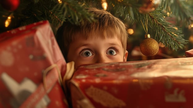 Excited child peeking from behind christmas presents. photo
