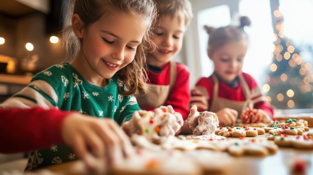 Three children decorating gingerbread cookies in a kitchen. photo
