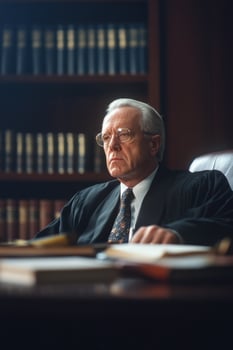 Judge in chambers reflecting on case details surrounded by law books and personal items photo