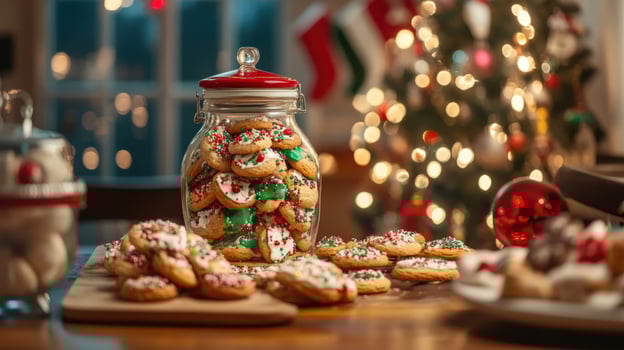 Festive Christmas cookies in a glass jar on a wooden table. photo