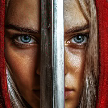 Intense portrait of a woman with piercing blue eyes photo