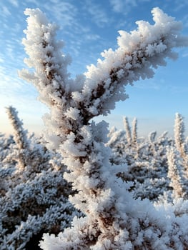 Delicate frost crystals adorn winter branches against a bright sky photo