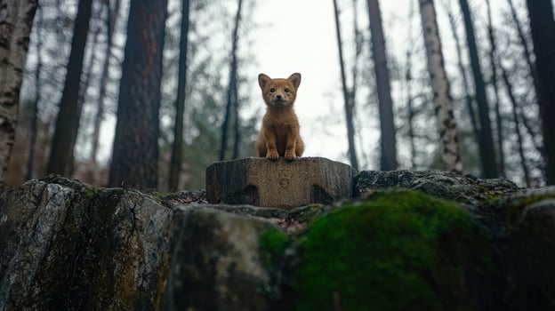 Adorable dingo puppy sits alert on a mossy tree stump photo