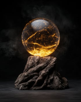 Glowing orb rests atop a textured stone pedestal photo