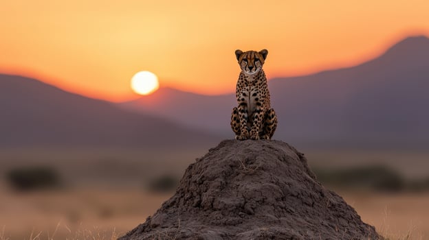Majestic cheetah sits atop a mound at sunset photo