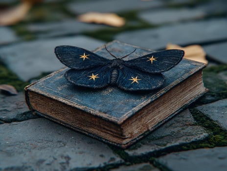 Mystical moth with star patterns resting on an old book photo