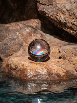 Crystal ball on a rock with rainbow refraction photo