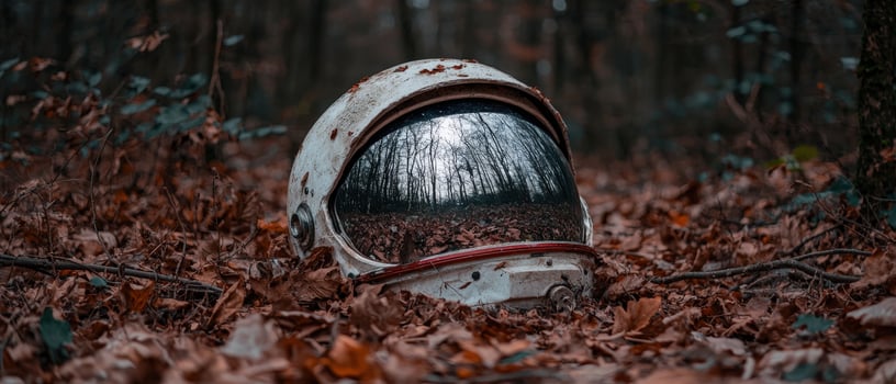 Lost astronaut helmet lies among autumn leaves in forest photo