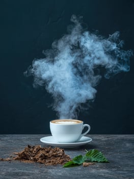 Steaming cappuccino with chocolate shavings and mint leaves photo