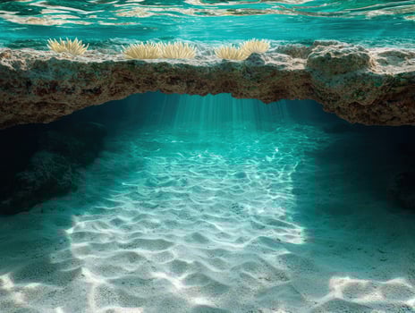 Sunlight filters through turquoise water in a serene underwater cave photo
