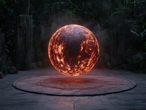 Mystical glowing orb levitates above stone platform in jungle photo