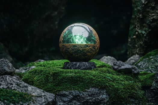 Mystical orb glows with green energy in a mossy forest photo