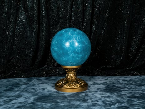 Mystical blue crystal ball on a gold pedestal photo