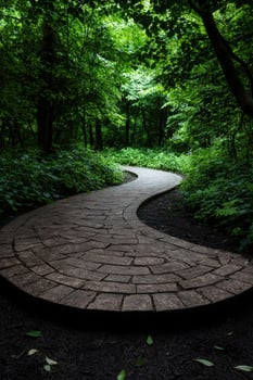 Winding stone path through a lush, green forest photo