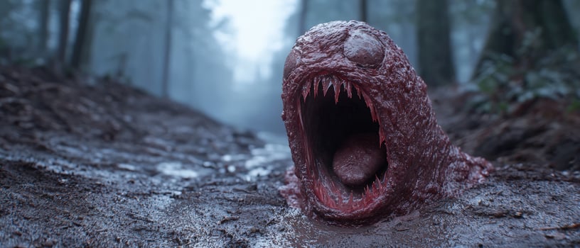 Terrifying monster worm emerges from muddy forest path photo