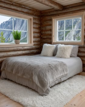 Cozy log cabin bedroom with mountain view photo
