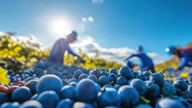 Blue grapes piled high in a vineyard. photo