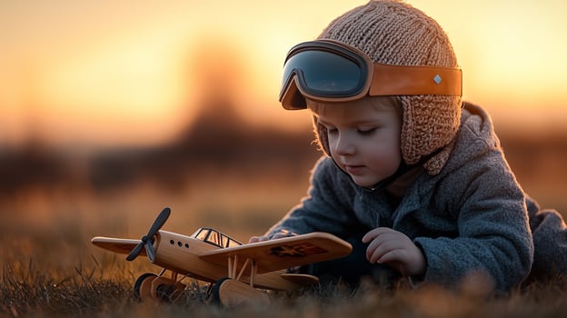 Little boy in pilot helmet plays with wooden airplane at sunset in golden light photo