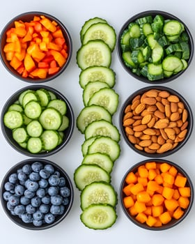 Fresh and Vibrant Arrangement of Colorful Fruits and Vegetables in Bowls, Highlighting Healthy Eating and Nutrition Choices for a Balanced Lifestyle photo