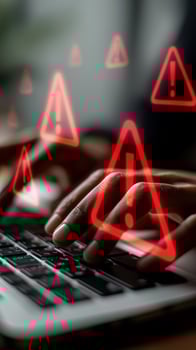 Urgent online safety warning with holographic alerts appearing while typing on a laptop photo