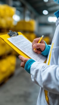 Businesswoman reviews countervailing duty checklist in warehouse setting during day photo