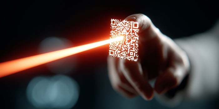 Glowing QR code scanned for contactless payment in futuristic retail environment photo