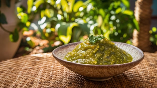 Salsa Verde Vibrant salsa verde with slight texture variations, resting in a rustic bowl. A sunlit Mexican garden in the background with natural light photo