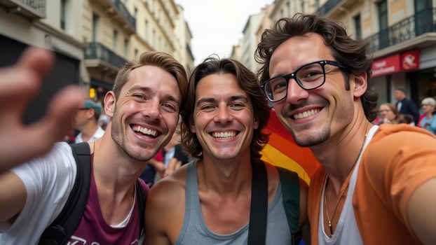 Happy friends celebrate diversity at vibrant urban parade. LGBTQ Pride month photo