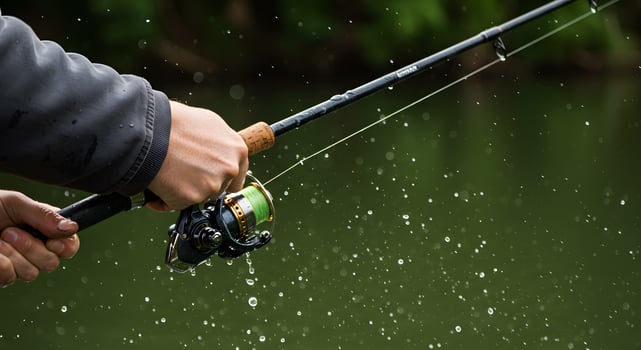 A person holding a fishing rod and reel in the rain photo