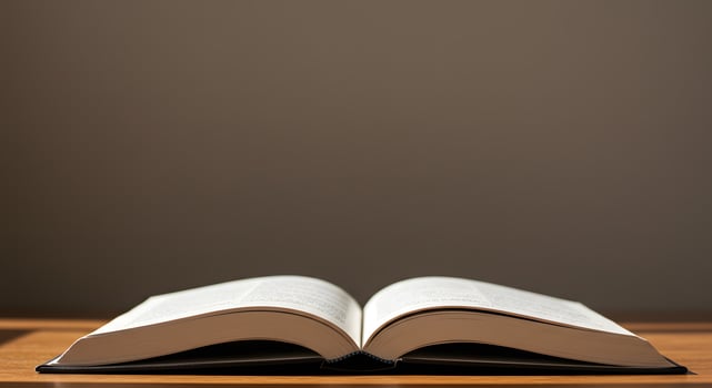 An open book on a table with a light photo