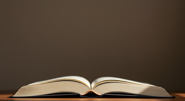 An open book on a table with a light shining on it photo