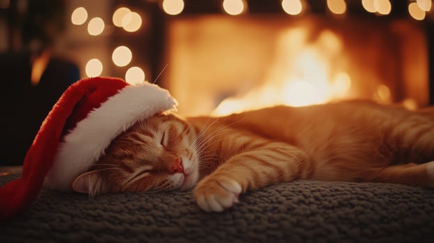 Sleepy ginger cat wearing a santa hat by a warm fireplace. photo