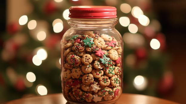A jar filled with cookies and christmas decorations photo