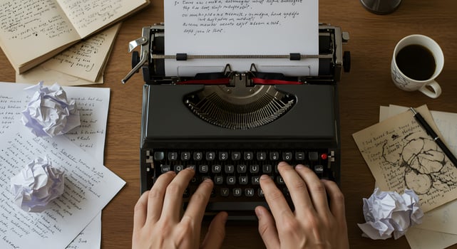 A person typing on a typewriter with papers and coffee cups photo