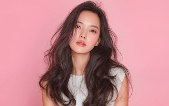 Beautiful asian woman with long hair over colorful background. Beauty and healthy lifestyle. Pink background. photo