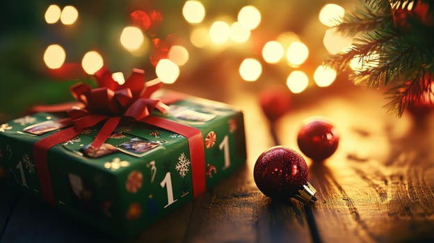 Festive Christmas gift box with holiday lights. photo