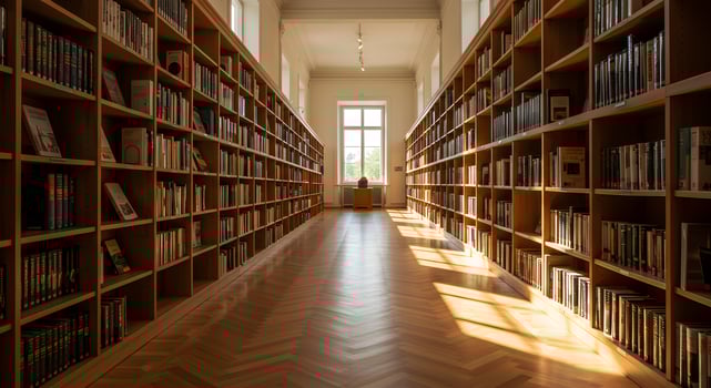 A long hallway with bookshelves and sunlight photo