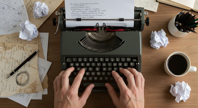 A person typing on a typewriter with a cup of coffee photo