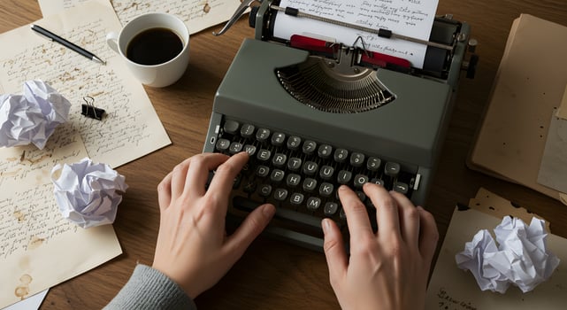 A person typing on an old typewriter with papers and coffee cups photo