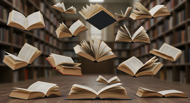 Many open books are flying in the air in a library photo