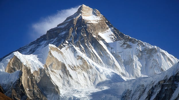 Majestic mountain peak piercing a clear blue sky. photo